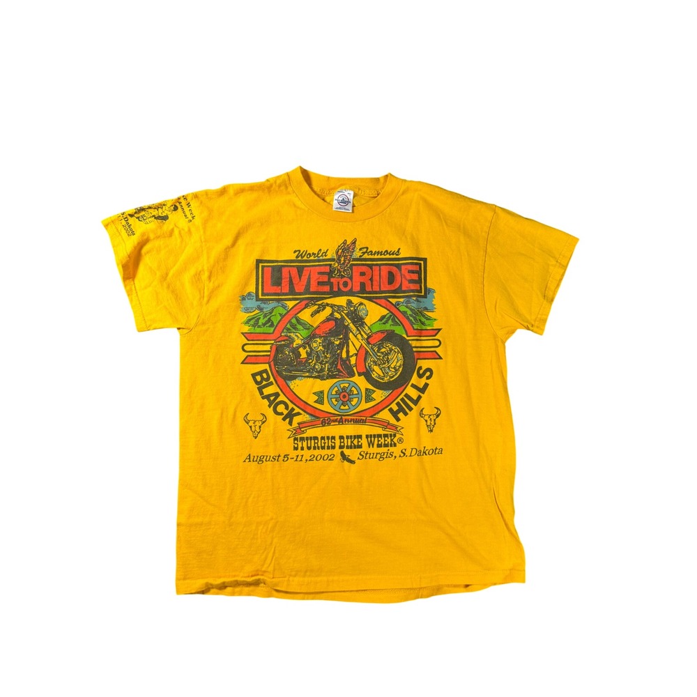 Vintage 2002 Sturgis Bike Week T-Shirt Yellow Delta Pro Weight Large Live To Rid